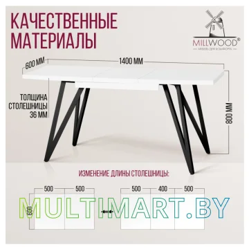 Кухонный стол Millwood Женева 3 1000/1400х600 ЛДСП (белый/металлокаркас черный) картинка 4